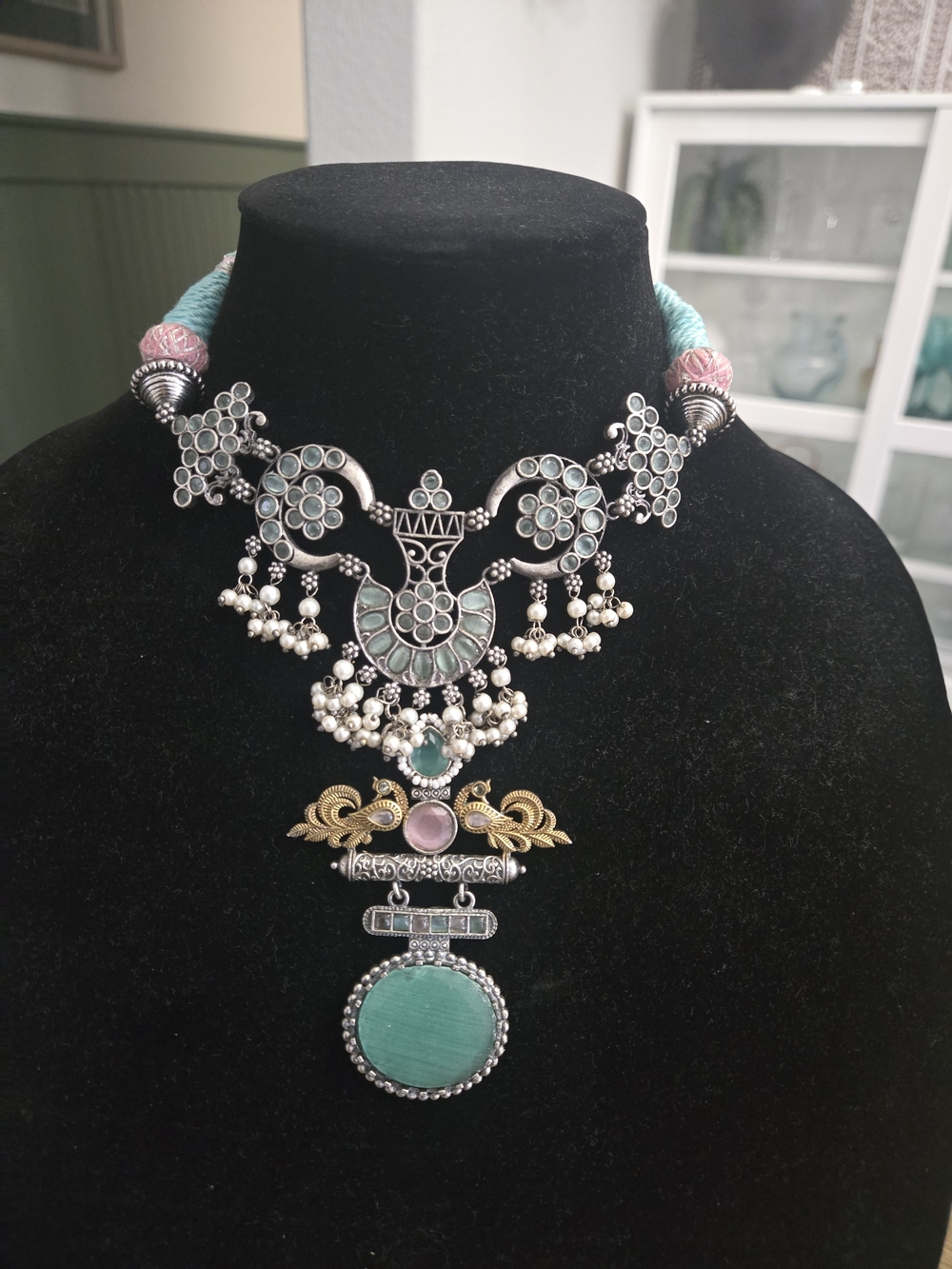 Handcrafted Silver-Tone Turquoise & Pink Statement Necklace